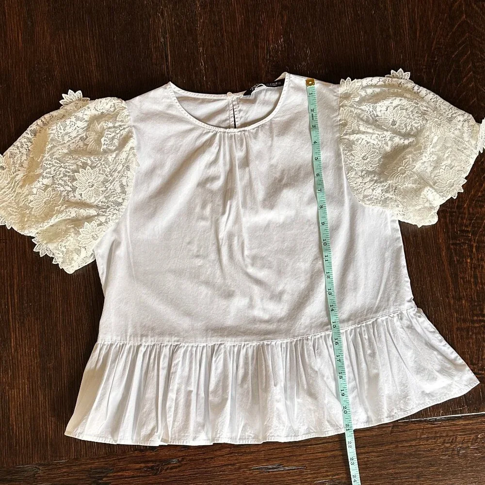 Zara White Lace-Sleeve Peplum Top Size S - Coquette - Picture 9 of 9